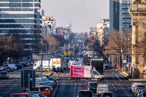 Heavy city traffic on the 17th of June road towards Ernst-Reuter-Platz, Berlin, Germany