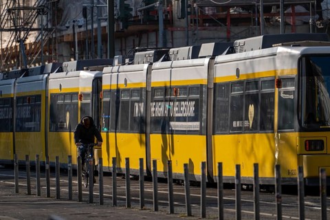 BVG tramway, Berliner VerkehrsBetriebe, with the advertising slogan I am on the Highway to