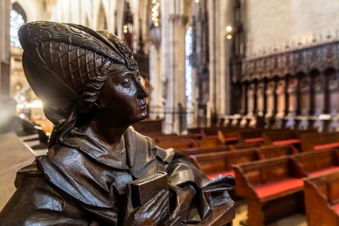 The choir stalls in Ulm Minster by Jörg Syrlin the Younger with impressive carvings. interior view.