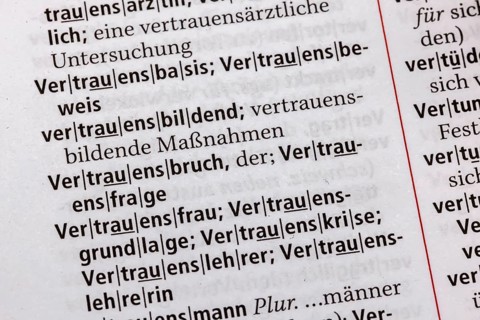 A question of trust, crisis of trust. Term from the Duden. Standard work of German spelling, 29th