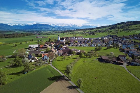 View of town, Rigi and the snowy Alps in the back, Beinwil, Freiamt, Canton, Aargau, Switzerland