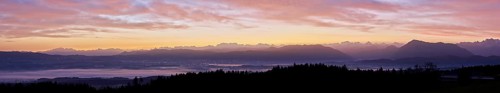Panorama from Horben with a view of the foggy Reuss Valley, in the background the Alpstein, the