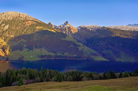 View of Lake WÃ¤gitalersee with Schiberg and Zindelspitz in the background, Canton, Schwyz,