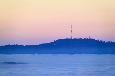 Uetliberg with transmission tower over the sea of fog, Canton, Zurich, Switzerland