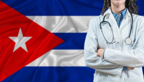 Medical professional on Cuba flag. Healthcare and wellness in Cuba, Concept