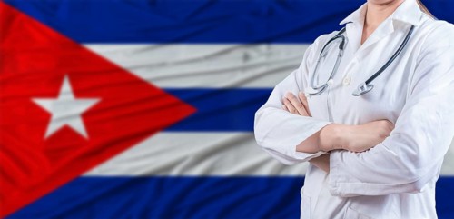 Doctor with crossed arms on Cuba flag. Cuban health and care concept. Female doctor on Cuba flag
