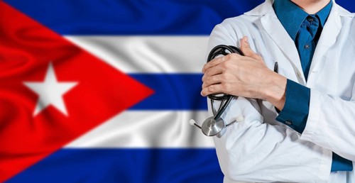 Cuba healthcare concept. Doctor with stethoscope on Cuba flag. Doctor holding stethoscope on Cuban
