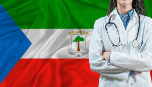 Medical professional on Equatorial Guinea flag. Healthcare and wellness in Equatorial Guinea,
