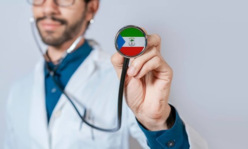 Doctor holding stethoscope with Equatorial Guinea flag. Equatorial Guinea health and care concept.
