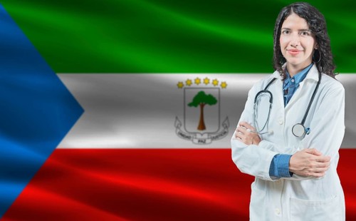 Equatorial Guinean medicine and healthcare concept. Doctor close up against Equatorial Guinea flag