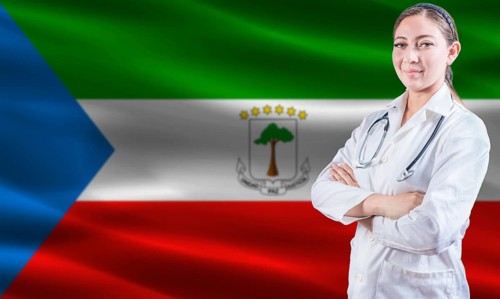 Female doctor on Equatorial Guinea flag. Doctor with crossed arms on Equatorial Guinea flag.