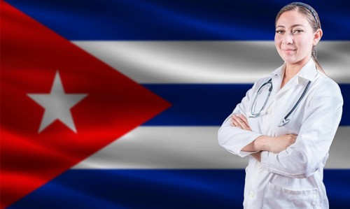 Female doctor on Cuban flag. Doctor with crossed arms on Cuba flag. Cuban health and care concept