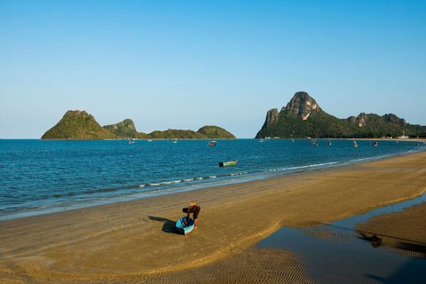 Lonely sandy beach and mountains, sunset, Prachuap Khiri Khan, Prachuap Khiri Khan Province,