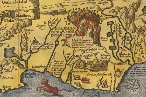 One of the most famous island maps from the Renaissance, Islandia, hand-colored copper engraving by