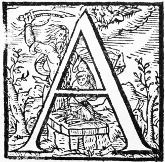Initial, initial letter A, from: Ulysses Aldrovandi (1522-1603), Ornithologiae hoc est de avibus