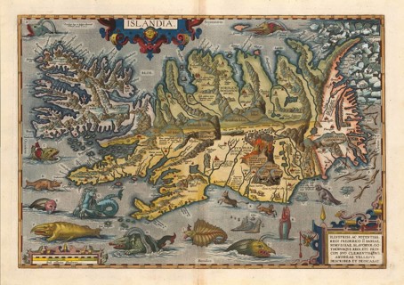 One of the most famous Iceland maps from the Renaissance, Islandia, hand-colored copper engraving