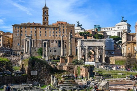 View of Roman Forum on left back ancient administrative building of Rome building from tabularium