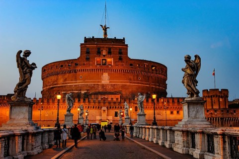 View of blue hour at nightfall in 139 AD as an ancient mausoleum Hadrian Tomb for Emperor Caesar