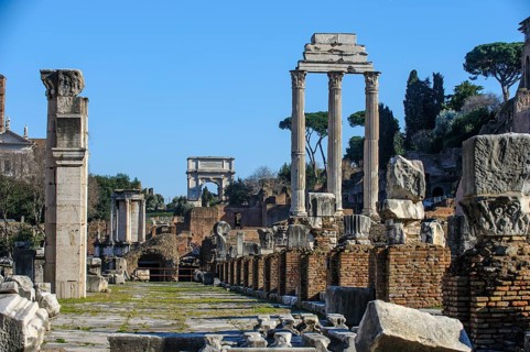 View of Roman Forum through the middle of ruin with foundations of Basilica Basilica Julia Julia