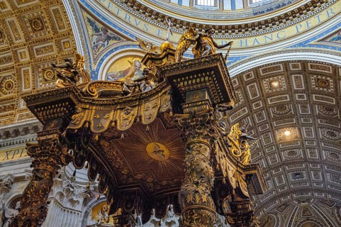 View from below up to top of canopy canopy ciborium by Gian Giovanni Lorenzo Bernini over the tomb