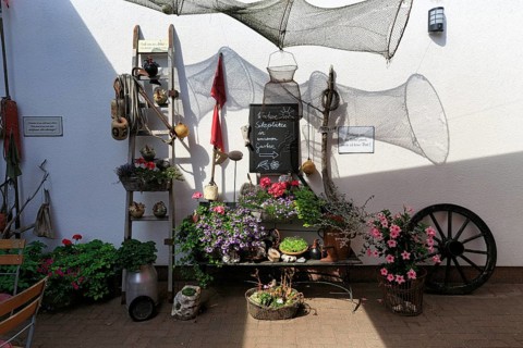 Decorative garden corner, maritime and rural elements, flower pot, garden restaurant, MÃ¶nchgut,
