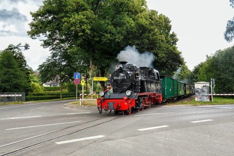 Speeding Roland, historic narrow-gauge railway, steam locomotive crossing a road, RÃ¼gen island,