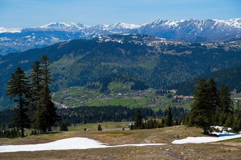 Panorama with snow-capped mountains, green valley and isolated houses under blue sky, view from