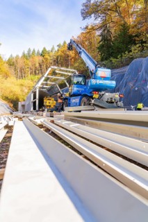 View of large cranes working on a rail structure surrounded by trees, Hermann Hesse Railway Bat