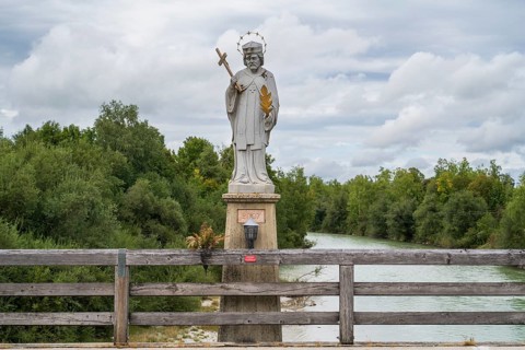St. Nepomuk, bridge saint, statue, landscape on the Isar, Lenggries, Isarwinkel, Upper Bavaria,
