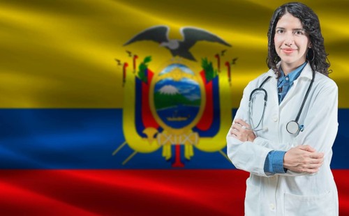 Ecuadorian medicine and healthcare concept. Doctor close up against Ecuador flag background