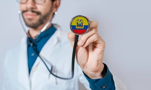 Doctor holding stethoscope with Ecuador flag. Ecuador health and care concept. Ecuador flag on