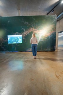 Woman looking at a wall map in a modern exhibition room, Amazonia exhibition, Gasometer, Pforzheim,