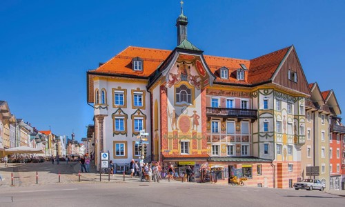 Marienstift or Krugledererhaus at the beginning of MarktstraÃŸe, Bad Tölz. Isartal, Upper Bavaria,