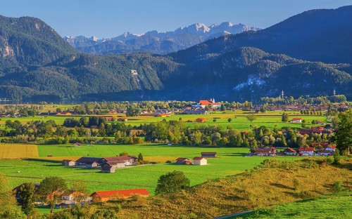Landscape with view of the monastery village of Schlehdorf in the foothills of the Alps, GroÃŸweil,
