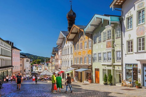 Historic market street with typical gabled houses, Bad Tölz. Isartal, Upper Bavaria, Bavaria,