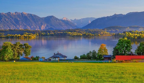 Panorama of Staffelsee with Estergebirge and Wetterstein Mountains, Uffing am Staffelsee, The Blue