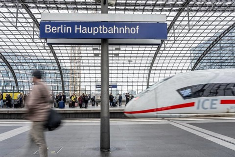 Central Station in Berlin, passengers on the platform, ICE train arrives, Germany