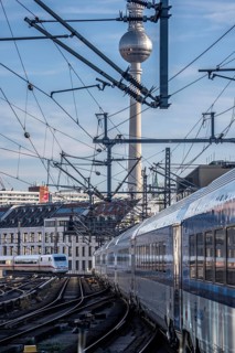 Railway line in Berlin, east of FriedrichstraÃŸe station, looking east, Berlin TV tower, ICE train