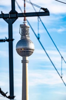 Railway line in Berlin, east of FriedrichstraÃŸe station, looking east, Berlin TV Tower