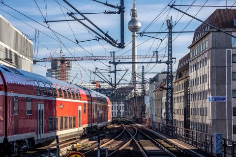 Railway line in Berlin, east of FriedrichstraÃŸe station, looking east, Berlin TV Tower, Regional