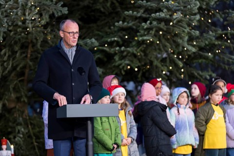 Friedrich Merz (CDU, Federal Chancellor of the Federal Republic of Germany) speaks in front of the