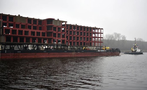 Tugboats transport parts of a ship in fog through the Kiel Canal, NOK, Kiel Canal, Kiel Canal,