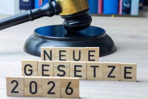 Wooden letters in front of a judge's hammer show how words NEW LAWS 2026