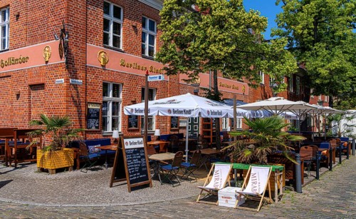 Catering, retail and typical, historic architecture in the Dutch Quarter in Potsdam, Brandenburg,