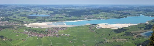 Panorama in spring from Tegelberg, 1881m, of Schwangau, Waltenhofen, Hopfensee and the partly still