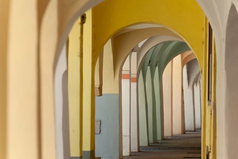Unique arcades in Budweis South Bohemia, Czech Republic