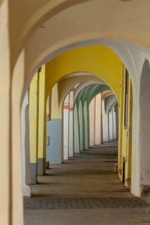 Unique arcades in Budweis South Bohemia, Czech Republic