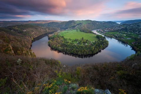 Sunset on spring evening at the loop of the Vltava (Vltava) View of Solenice Central Bohemia Czech