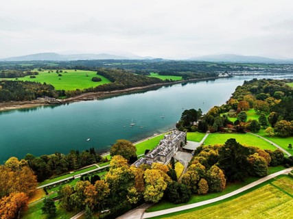Autumn over Plas Newydd House from a drone, Gardens and Parkland, Llanfairpwllgwyngyll, Anglesey,