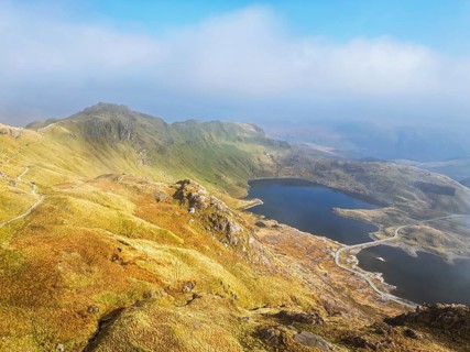 Pyg Track over Llyn Llydaw lake from a drone, Pen-y-Pass, mountain pass, Snowdonia, Gwynedd,